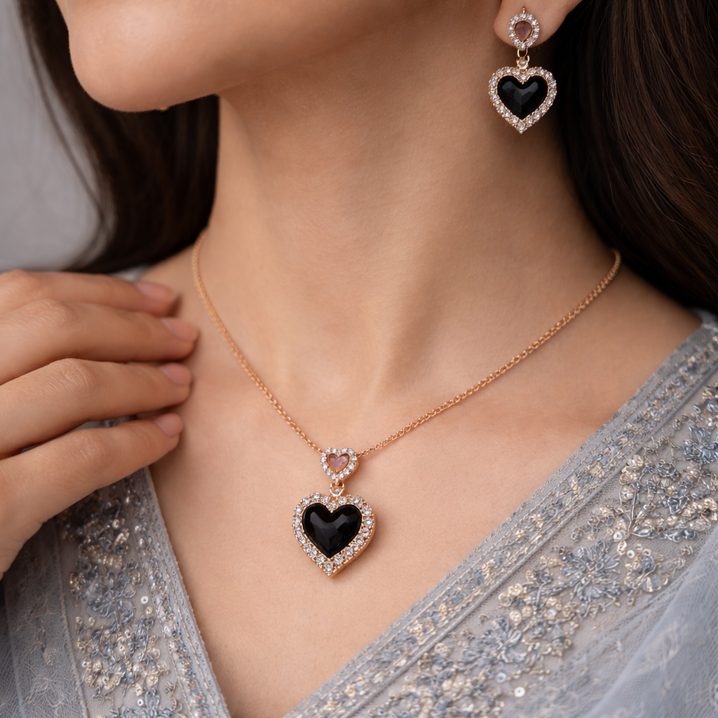 Black Heart Crystal Necklace & Earrings Set