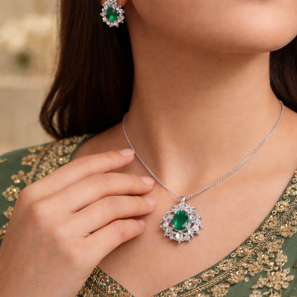Emerald Crystal Necklace & Earrings Set