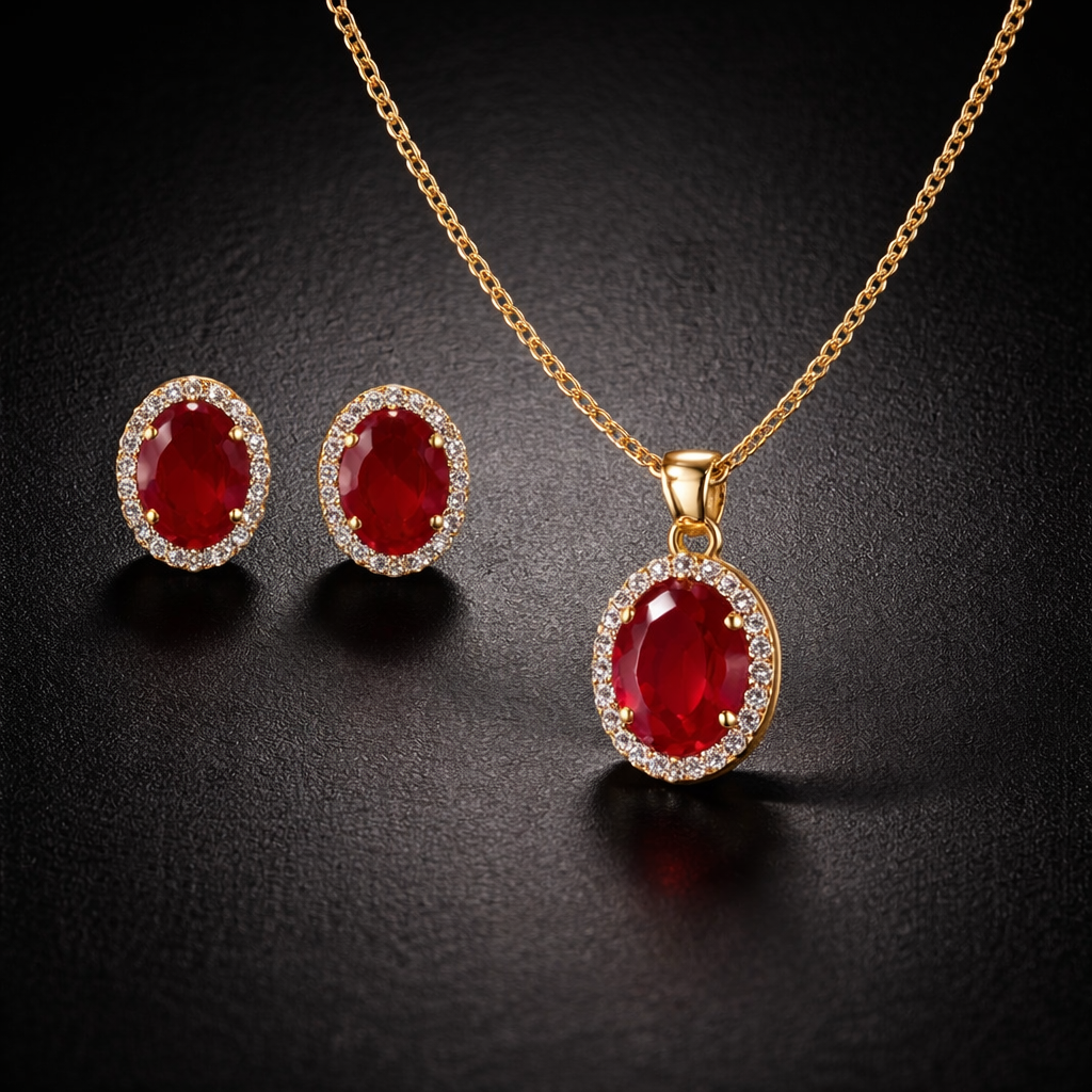 Ruby Red Crystal Necklace & Earrings Set