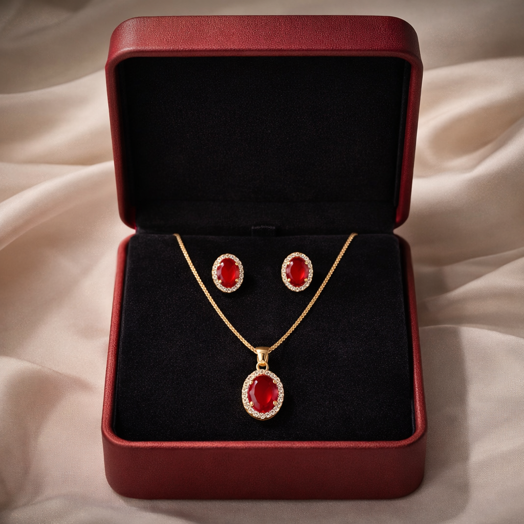 Ruby Red Crystal Necklace & Earrings Set