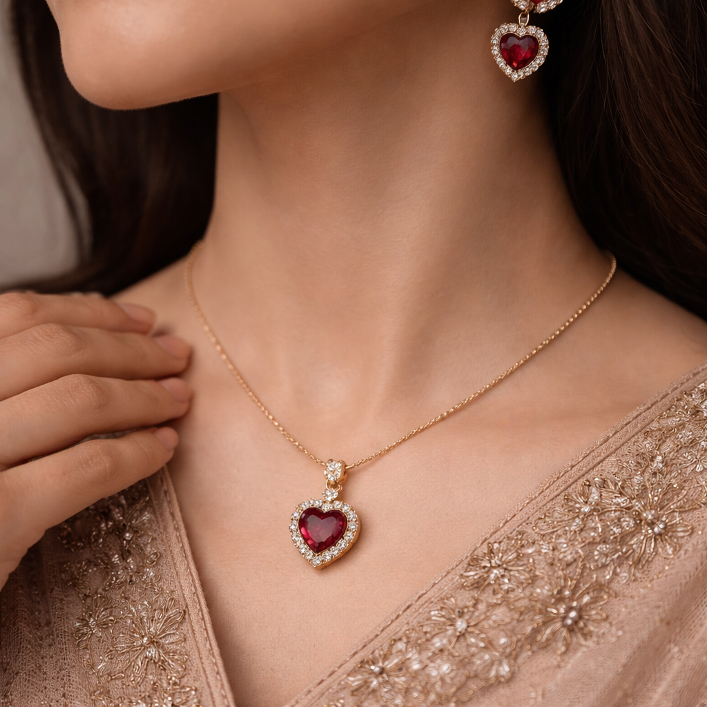 Heart Ruby Crystal Necklace & Earrings Set ❤️✨