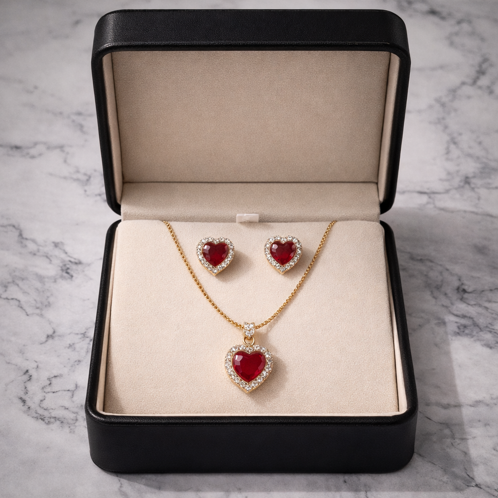 Heart Ruby Crystal Necklace & Earrings Set ❤️✨