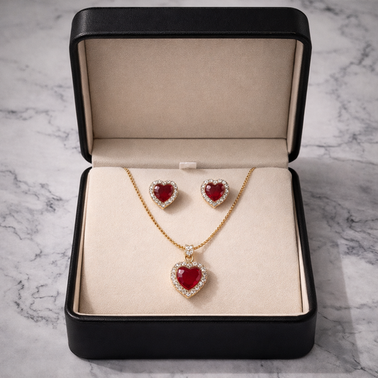 Heart Ruby Crystal Necklace & Earrings Set ❤️✨
