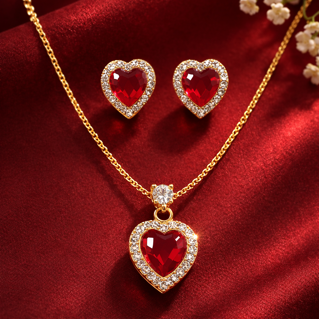 Heart Ruby Crystal Necklace & Earrings Set ❤️✨