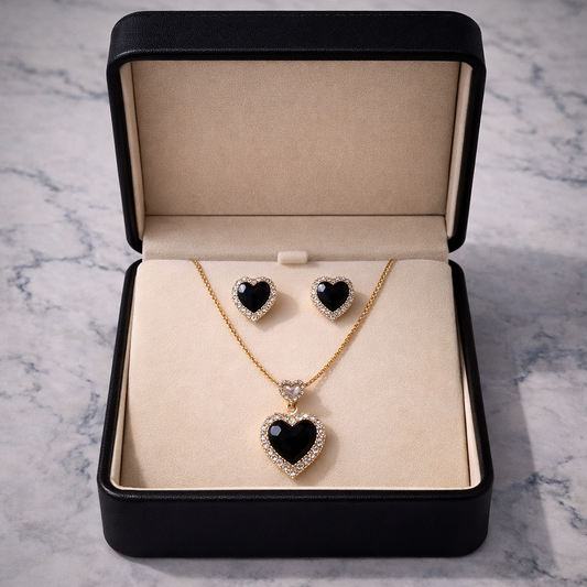 Black Heart Crystal Necklace & Earrings Set
