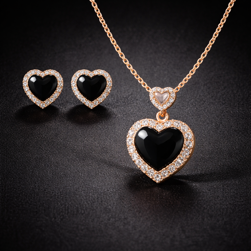 Black Heart Crystal Necklace & Earrings Set