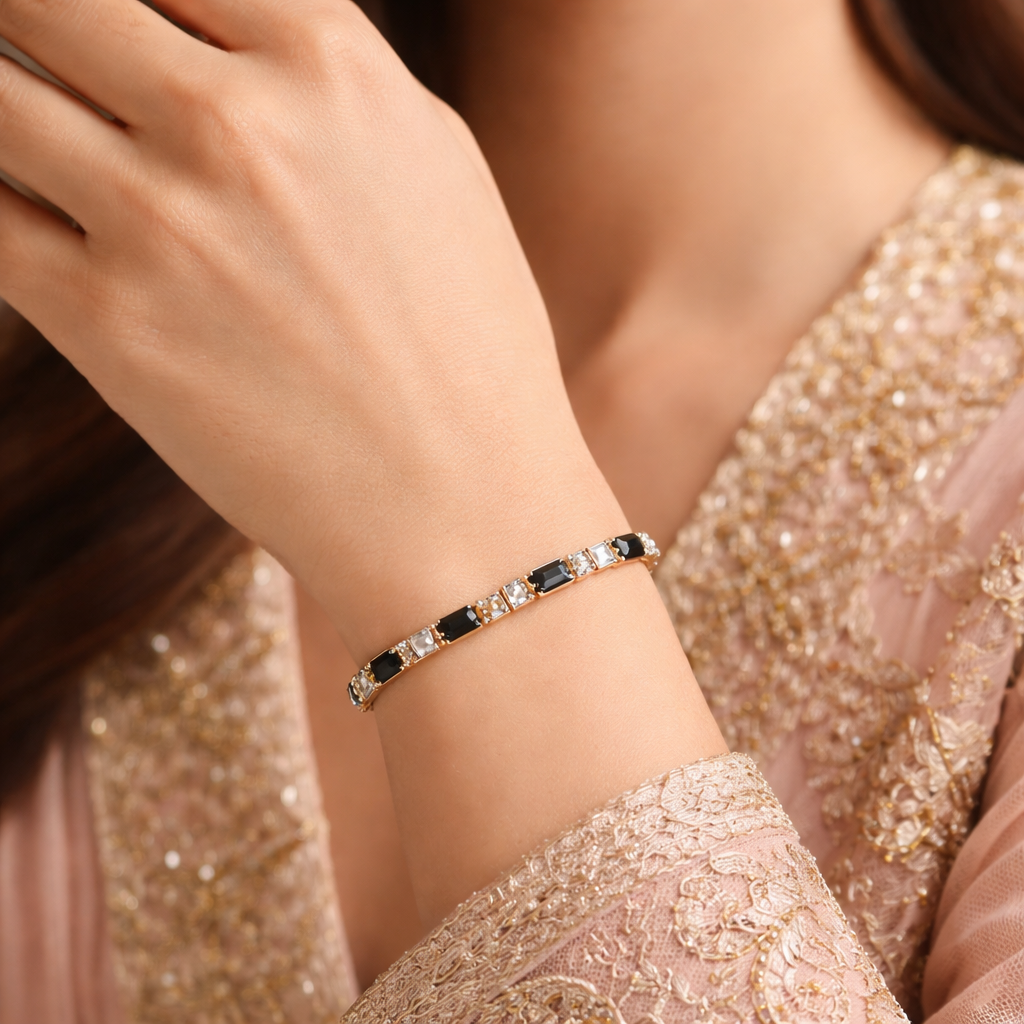 Elegant Black & Crystal Gold Bracelet Set