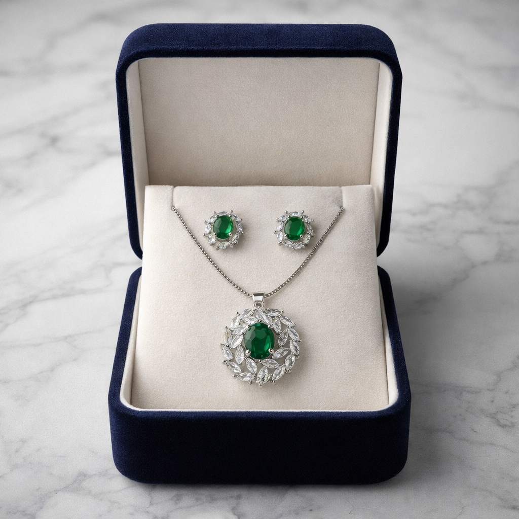 Emerald Crystal Necklace & Earrings Set