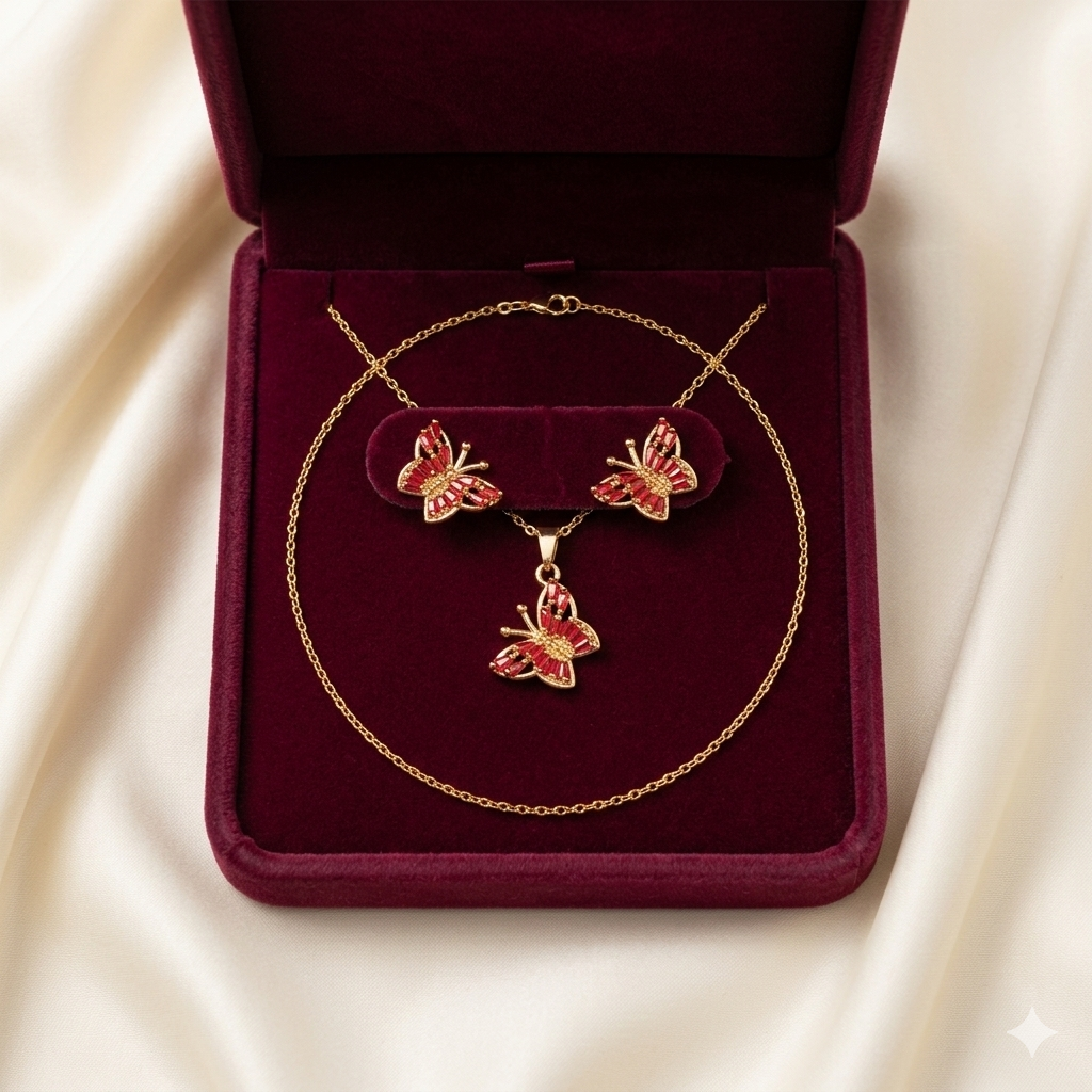 Red Butterfly Necklace & Earrings Set