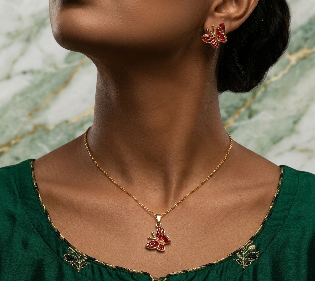 Red Butterfly Necklace & Earrings Set