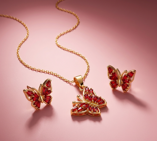 Red Butterfly Necklace & Earrings Set